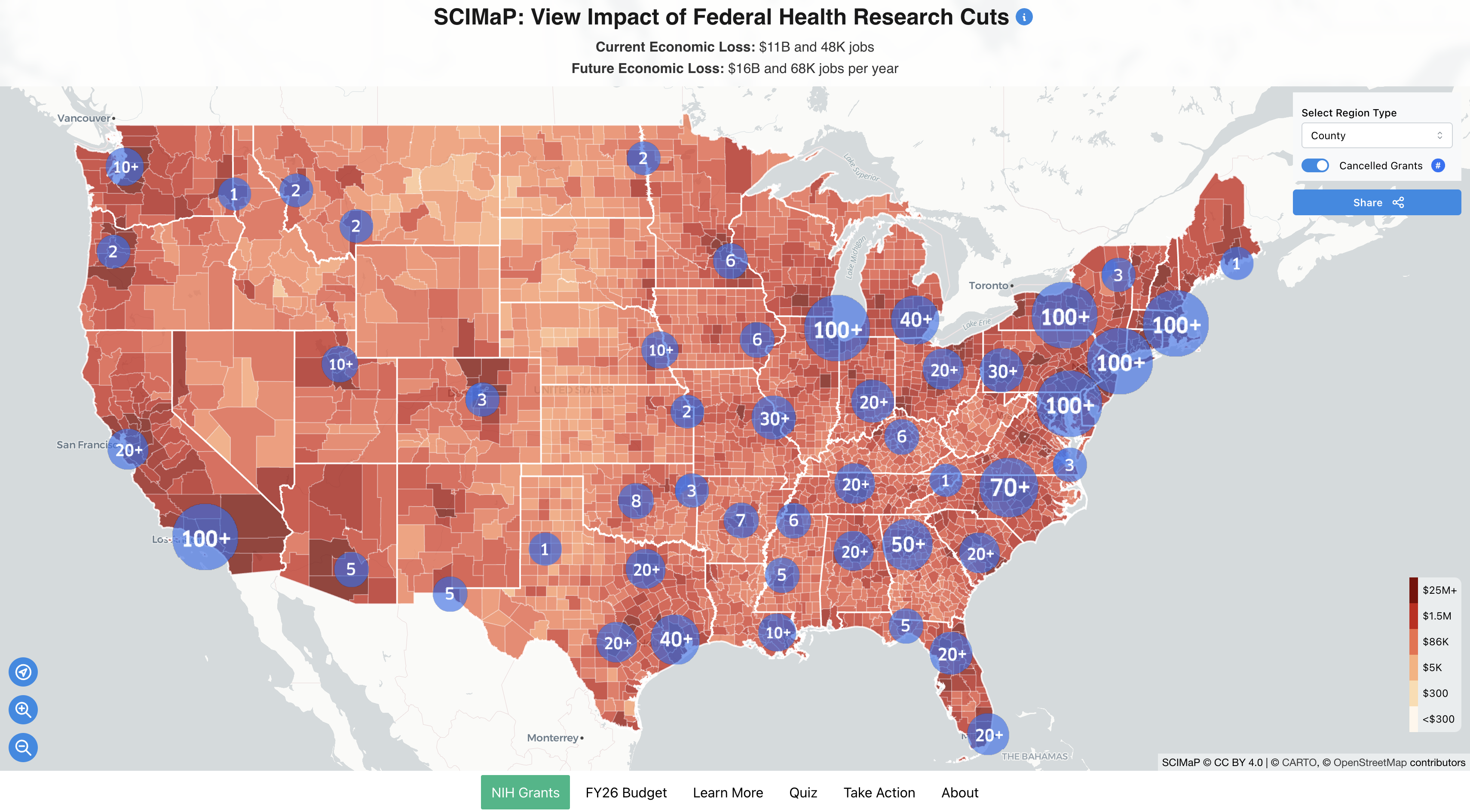 Map of ongoing impacts due to NIH terminated grants and projected losses via proposed research infrastructure cuts (captured from the SCIMaP.org website on 09-10-2025).