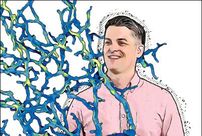 A brighly-colored illustration of Colenso Speer holding a giant blue neuron with yellow-green highlights.